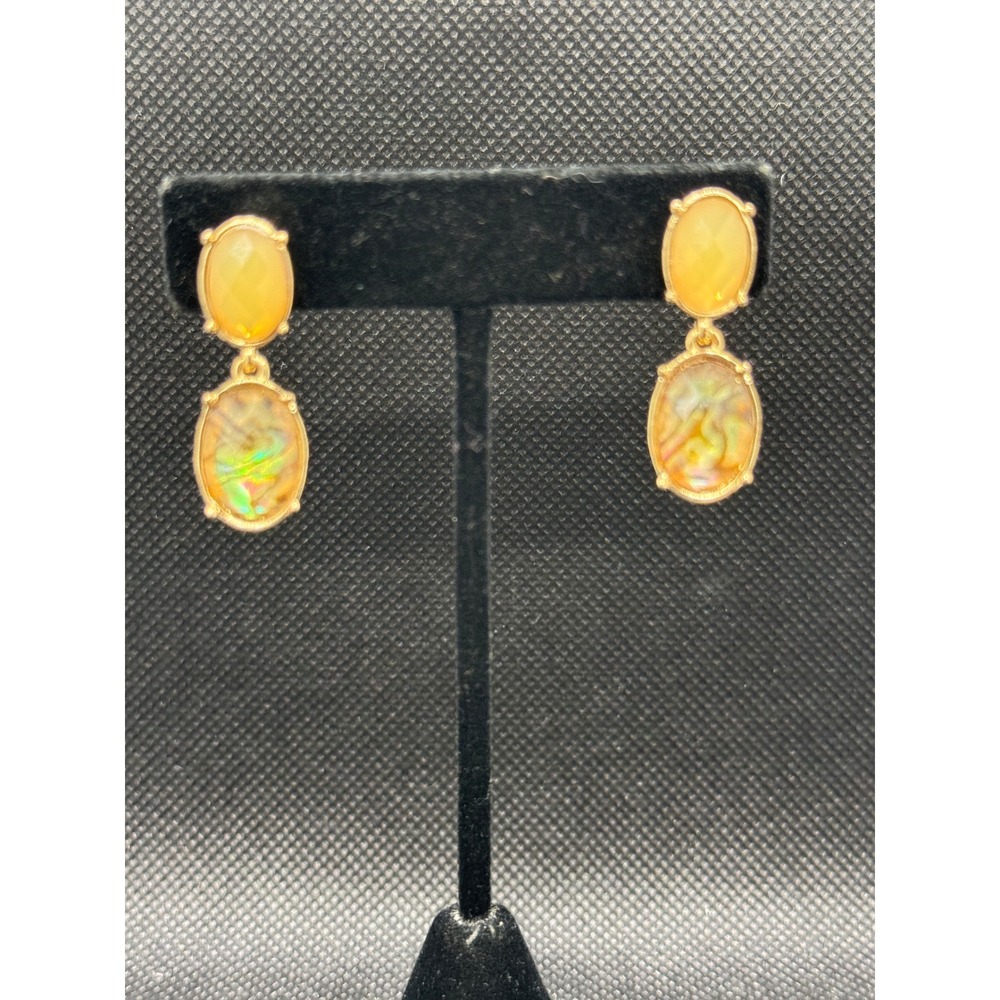 Napier Gold Tone Yellow Stone Abalone Shell Oval Drop Earrings